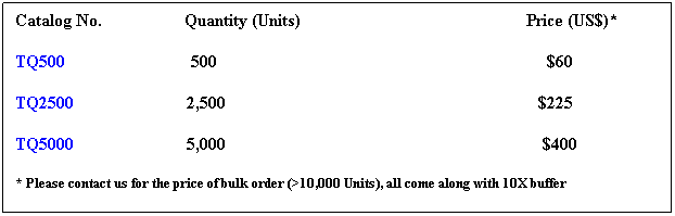 Text Box: Catalog No. Quantity (Units) Price (US$)*
TQ500 500 $60
TQ2500 2,500 $225
TQ5000 5,000 $400
* Please contact us for the price of bulk order (>10,000 Units), all come along with 10X buffer